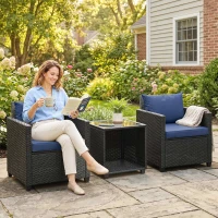 Outsunny 3 Piece Patio Bistro Set, Wicker Furniture Set with Thick Cushions, Glass Coffee Table and Chairs for Garden, Dark Blue(m-10)