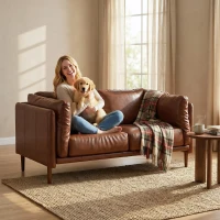 HOMCOM 59" Loveseat Sofa, PU Leather 2 Seater Sofa with Wide Seat, High-Density Foam, Thick Cushion, Wood Legs, Brown(m-9)
