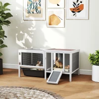 PawHut Rabbit Hutch, Wooden Guinea Pig Cage with Run, Openable Top, Pull Out Tray and Ramp, Water-Resistant Roof, Grey(m-1)