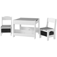 Qaba 3 Piece Kids Table and Chair Set with Reversible Tabletop, Blackboard, Storage, Bookshelf, for Playroom, Nursery, Grey(m-2)