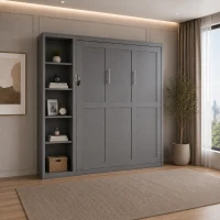 Queen Size Murphy Wall Bed with Dual Piston Mechanism and Shelves, Fold-Away Bed with Flexible Slat, 94'' L x 82'' W x 88.5'' H, Gray(m-4)
