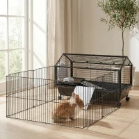 PawHut Rolling Metal Rabbit, Guinea Pig, or Small Animal Hutch Cage with Main House and Run(m-2)