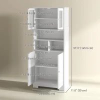 HOMCOM 57" Kitchen Pantry, Freestanding Pantry Storage Cabinet with Glass Doors, Adjustable Shelves, Open Compartments, White(m-3)
