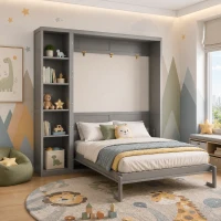 Queen Size Murphy Wall Bed with Dual Piston Mechanism and Shelves, Fold-Away Bed with Flexible Slat, 94'' L x 82'' W x 88.5'' H, Gray(m-5)