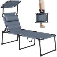 Outsunny Outdoor Lounge Chair, 4 Position Adjustable Backrest, Folding, Cushioned w/ Sun Shade Roof & Pillow, Gray(m-10)