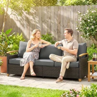Outsunny 3 Seater Outdoor Couch Sofa, PE Wicker Patio Sofa, Wide Deep Seat, 4" Cushions, Wood-Effect Armrests Legs, Gray(m-9)