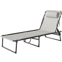 Outsunny Outdoor Folding Lounge Chair, 4-Level Adjustable Chaise Lounge with Headrest, Tanning Chair Beach Bed, Reclining Lounger Cot for Camping, Hiking, Backyard, Cream(m-11)
