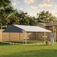 PawHut Heavy Duty Outdoor Dog Kennel with Waterproof Roof, Secure Latch, Chain Link Dog Run for Backyard, 19.7' x 19.7' x 8.9'(m-3)