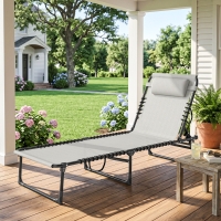 Outsunny Outdoor Folding Lounge Chair, 4-Level Adjustable Chaise Lounge with Headrest, Tanning Chair Beach Bed, Reclining Lounger Cot for Camping, Hiking, Backyard, Cream