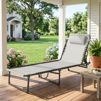 Outsunny Outdoor Folding Lounge Chair, 4-Level Adjustable Chaise Lounge with Headrest, Tanning Chair Beach Bed, Reclining Lounger Cot for Camping, Hiking, Backyard, Cream(m-1)