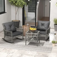 Outsunny 3 Piece Outdoor PE Rattan Rocker Chair Set, Rocking Chair with Tempered Glass Table Top, Gray(m-10)