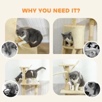 PawHut 53" Cat Tree Tower, Kitten Activity Centre with Scratching Posts, Condo, Perches, Ladder, Hammock, Dangling Toys, Beige(m-9)