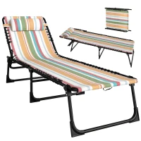 Outsunny Folding Chaise Lounge Pool Chair with 4-Position Reclining Back, Pillow, Breathable Mesh & Bungee Seat, Rainbow Striped(m-11)