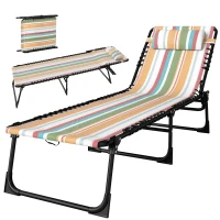 Outsunny Folding Chaise Lounge Pool Chair with 4-Position Reclining Back, Pillow, Breathable Mesh & Bungee Seat, Rainbow Striped(m-1)