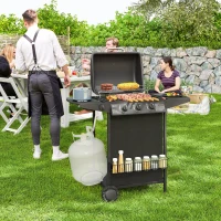 Outsunny 3+1 Burner Propane Gas BBQ Grill, Portable Gas Barbecue Grill with Side Burner, Thermometer, Lid, Side Table, Shelf, Spice Rack, Wheels, Grease Cup for Garden, Black(m-8)