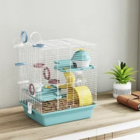 PawHut 3-Level Hamster Cage with Exercise Wheel, Play Tube, Water Bottle, Food Dish, Hut, Ladder, Blue(m-9)
