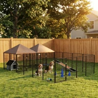 PawHut Large Outdoor Dog Kennel with 2 Rooms, Rotating & Adjustable Height Bowls, 13.5' x 9.4' x 5.1'(m-2)