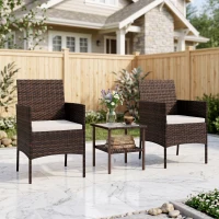 Outsunny Wicker Bistro Set, 3 Piece Patio Furniture Set with 2-Tier Glass Top Table, Cushions for Balcony, Porch, Beige(m-10)