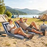 Outsunny 2 Pieces Beach Lounge Chair, Outdoor Folding Chaise Lounge Set w/ Pillow for Sunbath, Snap, Blue and White(m-10)
