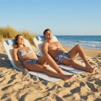 Outsunny 2 Pieces Beach Lounge Chair, Outdoor Folding Chaise Lounge Set w/ Pillow for Sunbath, Snap, Beige(m-1)