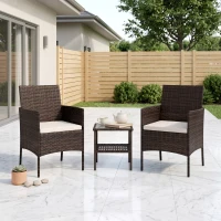Outsunny Wicker Bistro Set, 3 Piece Patio Furniture Set with 2-Tier Glass Top Table, Cushions for Balcony, Porch, Beige(m-1)
