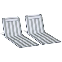 Outsunny 2 Pieces Beach Lounge Chair, Outdoor Folding Chaise Lounge Set w/ Pillow for Sunbath, Snap, Light Grey and White(m-11)