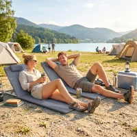 Outsunny 2 Pieces Beach Lounge Chair, Outdoor Folding Chaise Lounge Set w/ Pillow for Sunbath, Snap, Grey(m-10)
