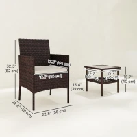 Outsunny Wicker Bistro Set, 3 Piece Patio Furniture Set with 2-Tier Glass Top Table, Cushions for Balcony, Porch, Beige(m-3)