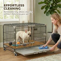 PawHut Foldable Dog Crate, 24 Inch Metal Dog Cage with Removable Tray, Lockable Wheels, 2 Doors for Small Medium Breeds, Black(m-7)