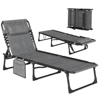 Outsunny Folding Chaise Lounge Chair Outdoor, Sun Tanning Chair with Side Pocket, Carrying Strap, Portable Patio Beach Lounger with 5-Position Reclining Back, Headrest for Pool, Camping, Yard, Gray