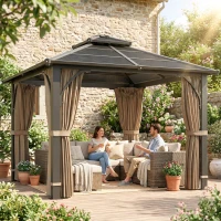 Outsunny 10' x 10' Hardtop Gazebo with 7mm Polycarbonate Double-Tier Roof, Outdoor Gazebo with Netting and Curtains, Khaki(m-9)