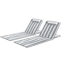 Outsunny 2 Pieces Beach Lounge Chair, Outdoor Folding Chaise Lounge Set w/ Pillow for Sunbath, Snap, Light Grey and White(m-2)