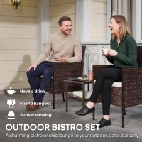Outsunny Wicker Bistro Set, 3 Piece Patio Furniture Set with 2-Tier Glass Top Table, Cushions for Balcony, Porch, Beige(m-4)