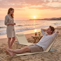 Outsunny 2 Pieces Beach Lounge Chair, Outdoor Folding Chaise Lounge Set w/ Pillow for Sunbath, Snap, Beige(m-9)
