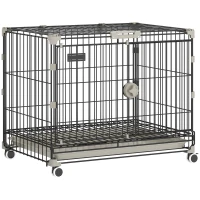 PawHut Foldable Dog Crate, 24 Inch Metal Dog Cage with Removable Tray, Lockable Wheels, 2 Doors for Small Medium Breeds, Black(m-11)
