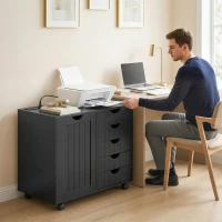 HOMCOM Mobile Lateral Filing Cabinet with 5 Drawers, Printer Stand with Power Outlets and USB Ports for Home Office, Black(m-10)