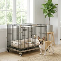 PawHut Foldable Dog Crate, 24 Inch Metal Dog Cage with Removable Tray, Lockable Wheels, 2 Doors for Small Medium Breeds, Black(m-9)