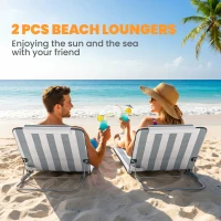 Outsunny 2 Pieces Beach Lounge Chair, Outdoor Folding Chaise Lounge Set w/ Pillow for Sunbath, Snap, Light Grey and White(m-4)