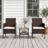 Outsunny Wicker Bistro Set, 3 Piece Patio Furniture Set with 2-Tier Glass Top Table, Cushions for Balcony, Porch, Beige(m-9)