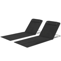 Outsunny 2 Pieces Beach Lounge Chair, Outdoor Folding Chaise Lounge Set w/ Pillow for Sunbath, Snap, Black(m-2)