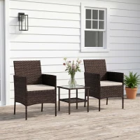 Outsunny Wicker Bistro Set, 3 Piece Patio Furniture Set with 2-Tier Glass Top Table, Cushions for Balcony, Porch, Beige(m-8)