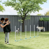 PawHut Adjustable Dog Agility Training Obstacle Set with Weaves Poles and Storage Bag for Pet Dogs Outdoor Games Exercise Blue and White(m-7)