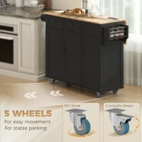 HOMCOM Kitchen Island on Wheels with Drop Leaf, Charging Station, Rolling Kitchen Cart with Wood Top, Adjustable Shelf, Black(m-9)