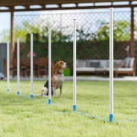 PawHut Adjustable Dog Agility Training Obstacle Set with Weaves Poles and Storage Bag for Pet Dogs Outdoor Games Exercise Blue and White(m-10)