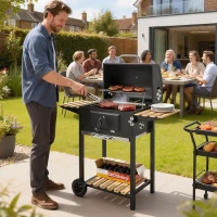 Outsunny 20" Charcoal BBQ Grill Barbecue on Wheels with Adjustable Charcoal Pan, Spacious Cooking Area, 3 Shelves, Thermometer(m-1)