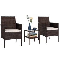 Outsunny Wicker Bistro Set, 3 Piece Patio Furniture Set with 2-Tier Glass Top Table, Cushions for Balcony, Porch, Beige(m-11)