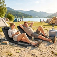 Outsunny 2 Pieces Beach Lounge Chair, Outdoor Folding Chaise Lounge Set w/ Pillow for Sunbath, Snap, Black(m-10)