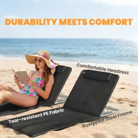 Outsunny 2 Pieces Beach Lounge Chair, Outdoor Folding Chaise Lounge Set w/ Pillow for Sunbath, Snap, Black(m-6)
