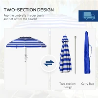 Outsunny 5.7' Beach Umbrella for Travel with Tilt, Adjustable Height, 2 Cup Holders, Hook, Vent, Ruffles, Blue and White(m-10)
