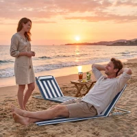 Outsunny 2 Pieces Beach Lounge Chair, Outdoor Folding Chaise Lounge Set w/ Pillow for Sunbath, Snap, Blue and White(m-9)